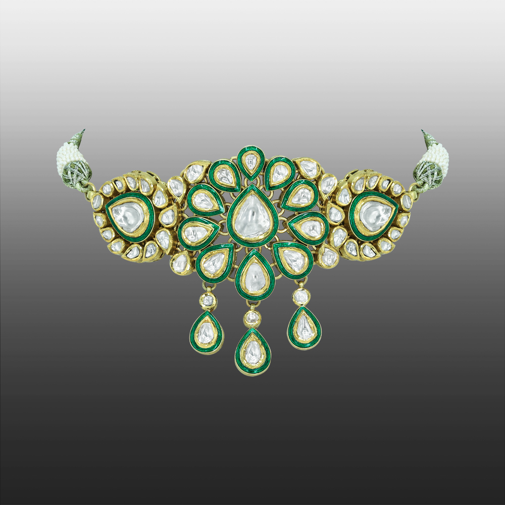 Polki Choker with Green Enamel, Floral Motif, and Teardrop Motif
